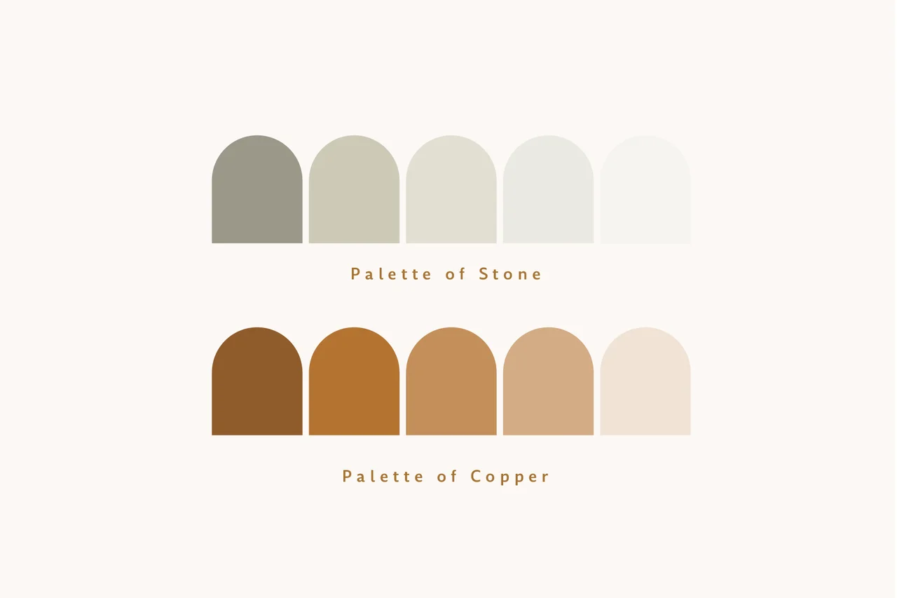 Farbpalette mit Steinen und Kupferfarben.