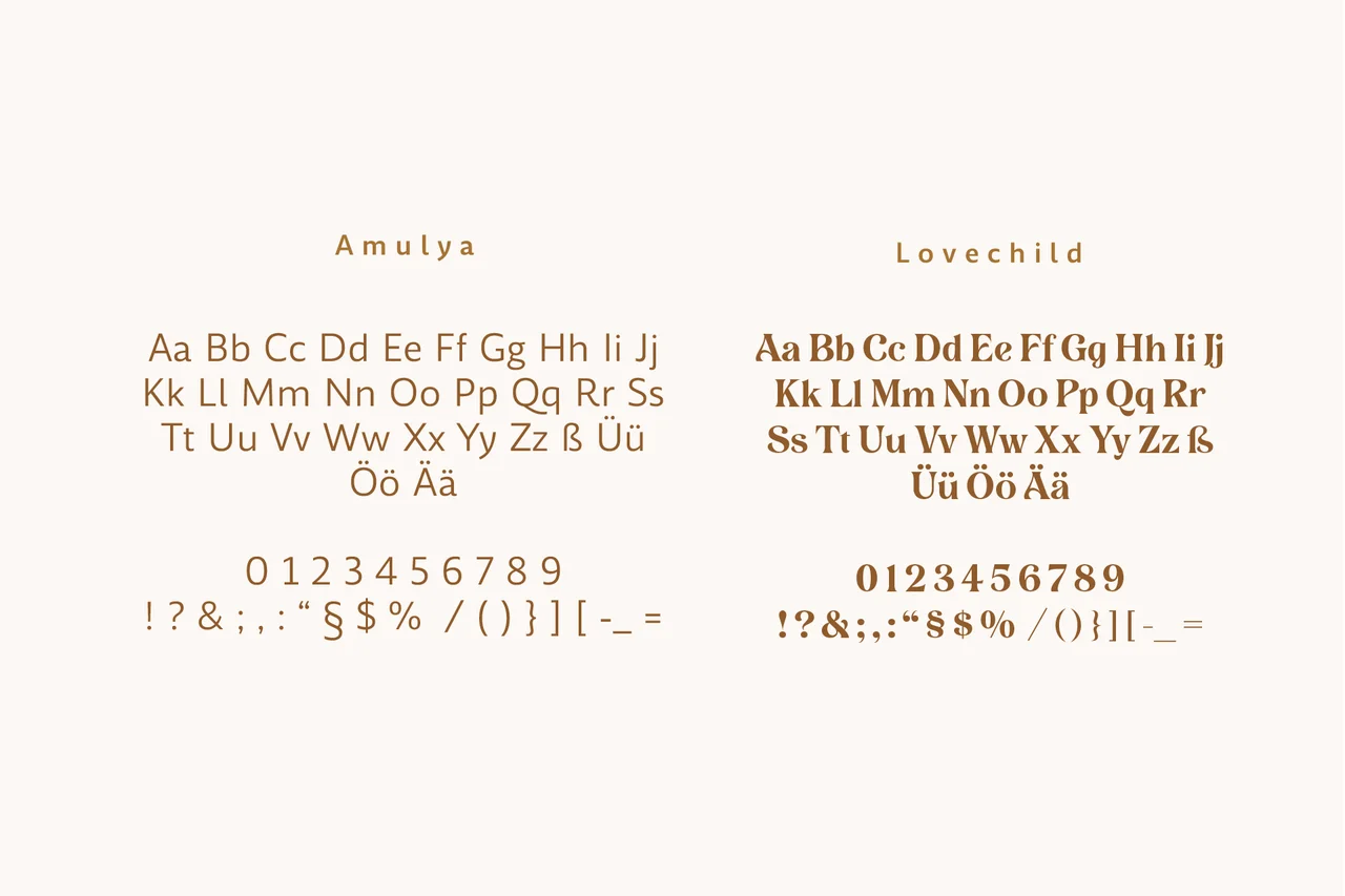 Typografische Darstellung der Schriftarten Amulya und Lovechild.
