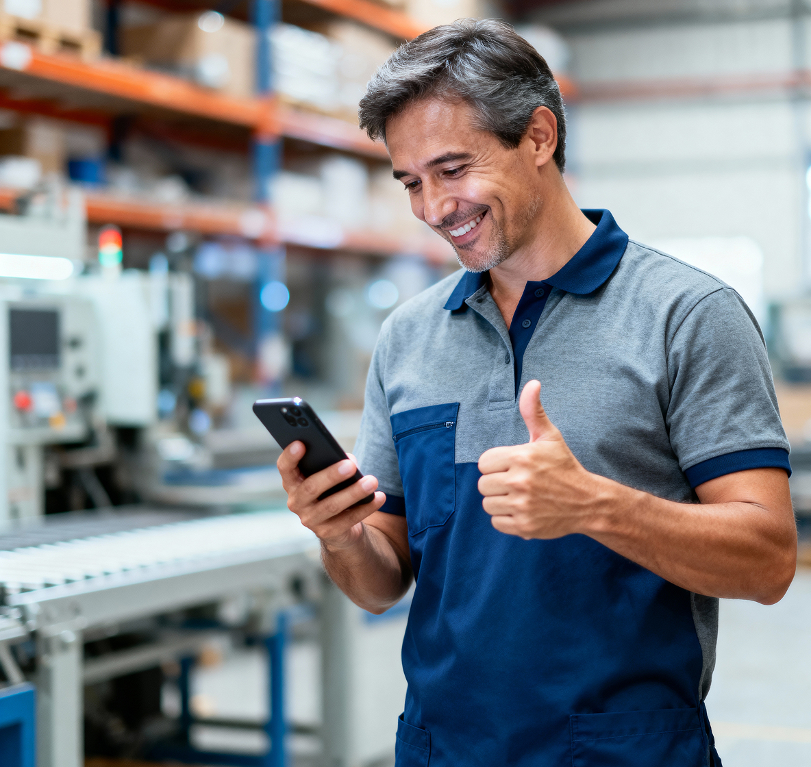 Arbeiter mit Handy und Daumen hoch